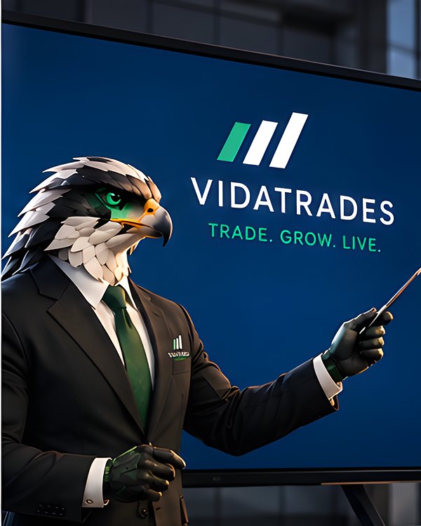 Vida, el halcón de VidaTrades, de traje, presentando la marca frente a una pantalla